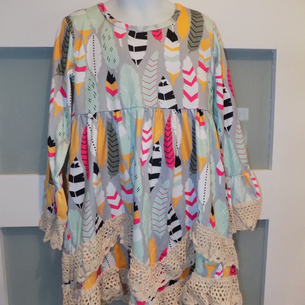 LaLeePop Feather LS Print Dress Size 6-7T Girl's